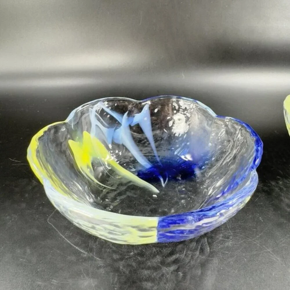 Vintage Aderia‎ Glass Bowl Set 2 Made In Japan Clear Blue Yellow Swirls Ruffled